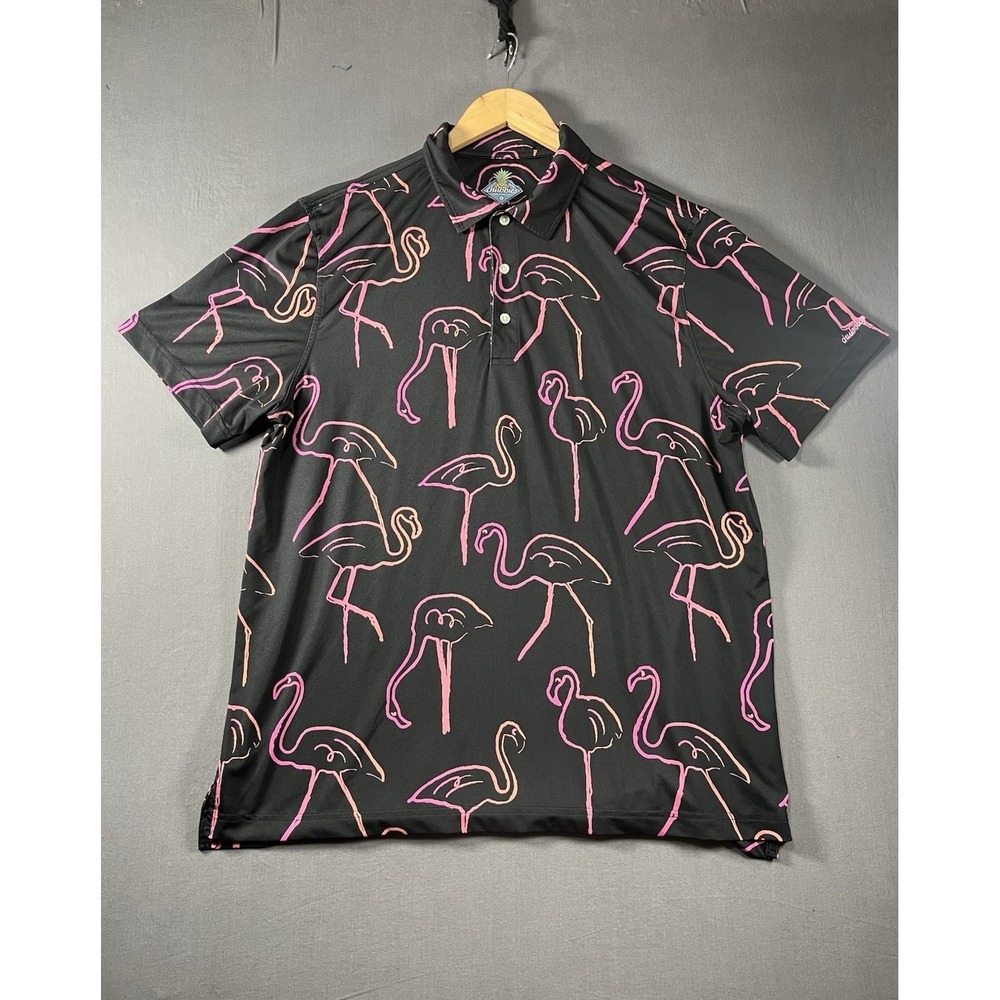 Chubbies Polo Shirt Mens L Black Pink Flamingo Print Stretch Golf Performance